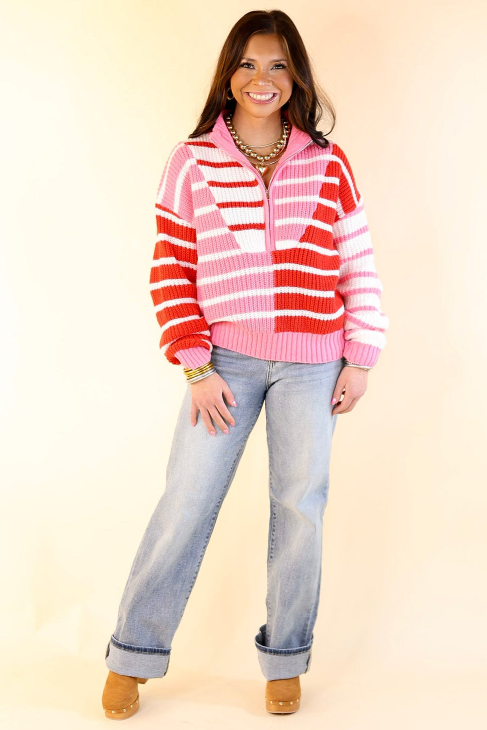 Sweetheart Stripe Half Zip Striped Sweater in Red and Pink