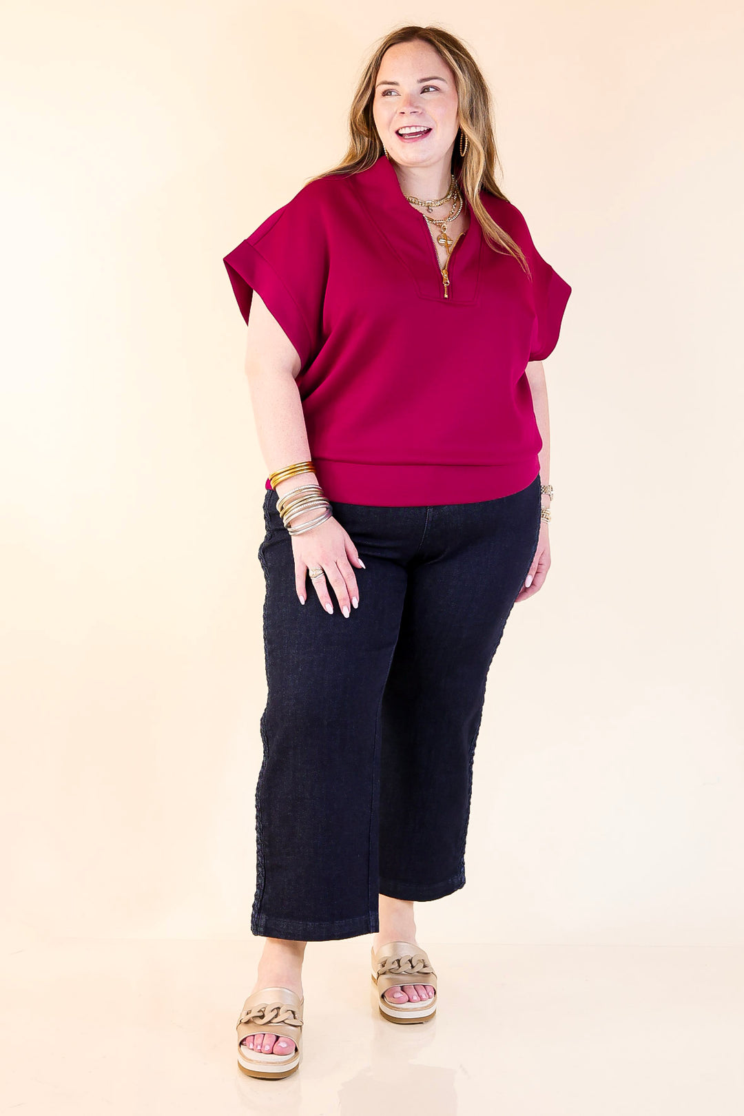 Top Priority Half Zip Collared Scuba Top in Maroon