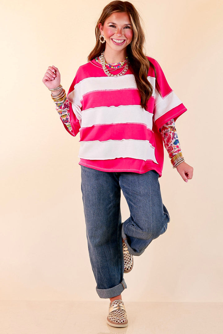 Simply Styled Color Block Rugby Style Relaxed Short Sleeve Top in Hot Pink