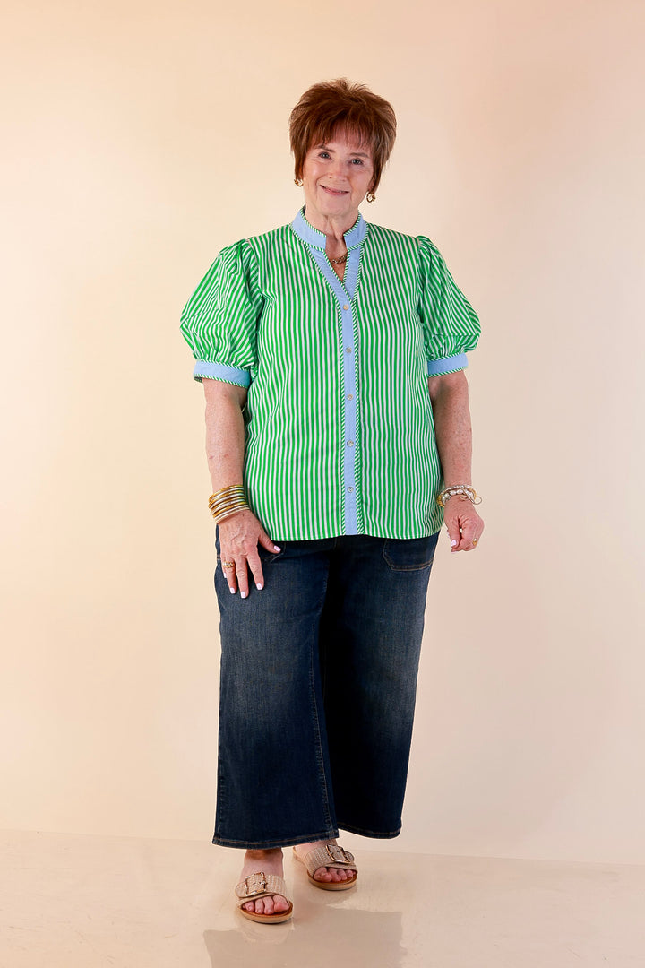 Pop of Polish Short Puff Sleeve Button Front Top with Contrast Trim in Kelly Green, White and Sky Blue