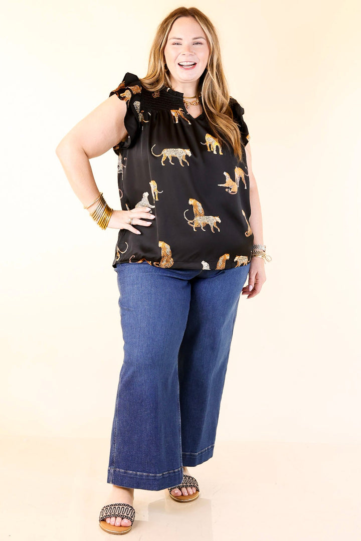 Wildly Sweet Leopard Print Blouse with Smoked Yoke and Ruffle Sleeves in Black