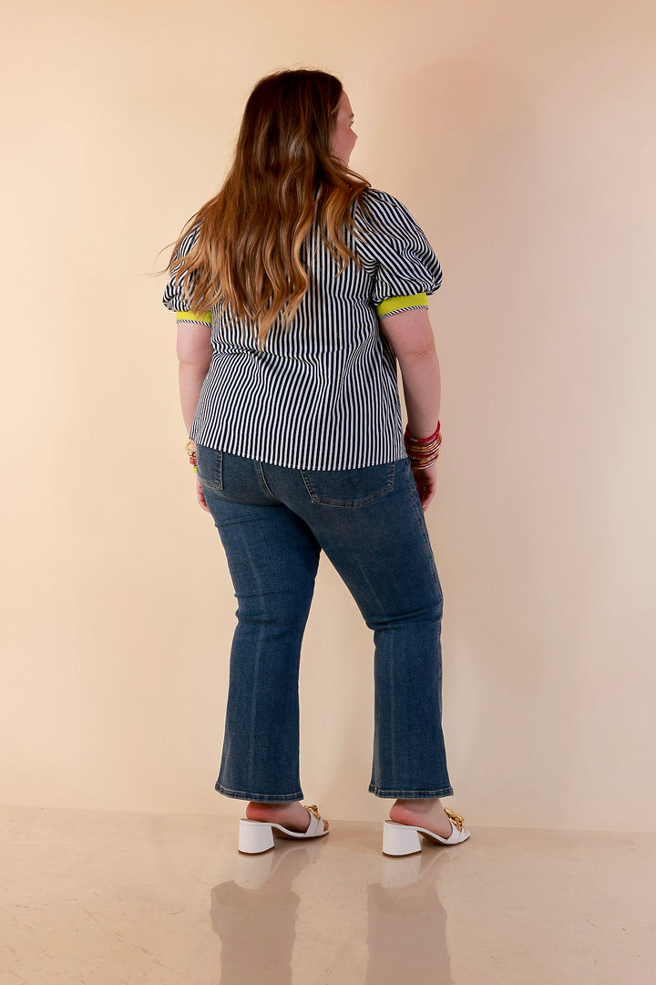 Pop of Polish Short Puff Sleeve Button Front Top with Contrast Trim in Navy Blue, White and Lime