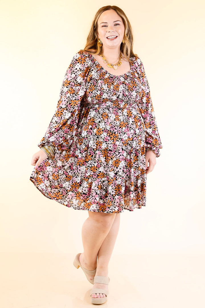 Day Cafe Smocked Bodice Floral Long Sleeve Dress in Light Pink and Rust