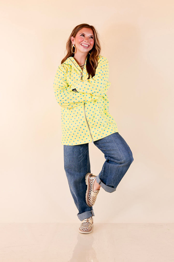 Lulu Mac | Chic Forecast Turquoise Blue Polka Dot Hooded Rain Jacket in Yellow