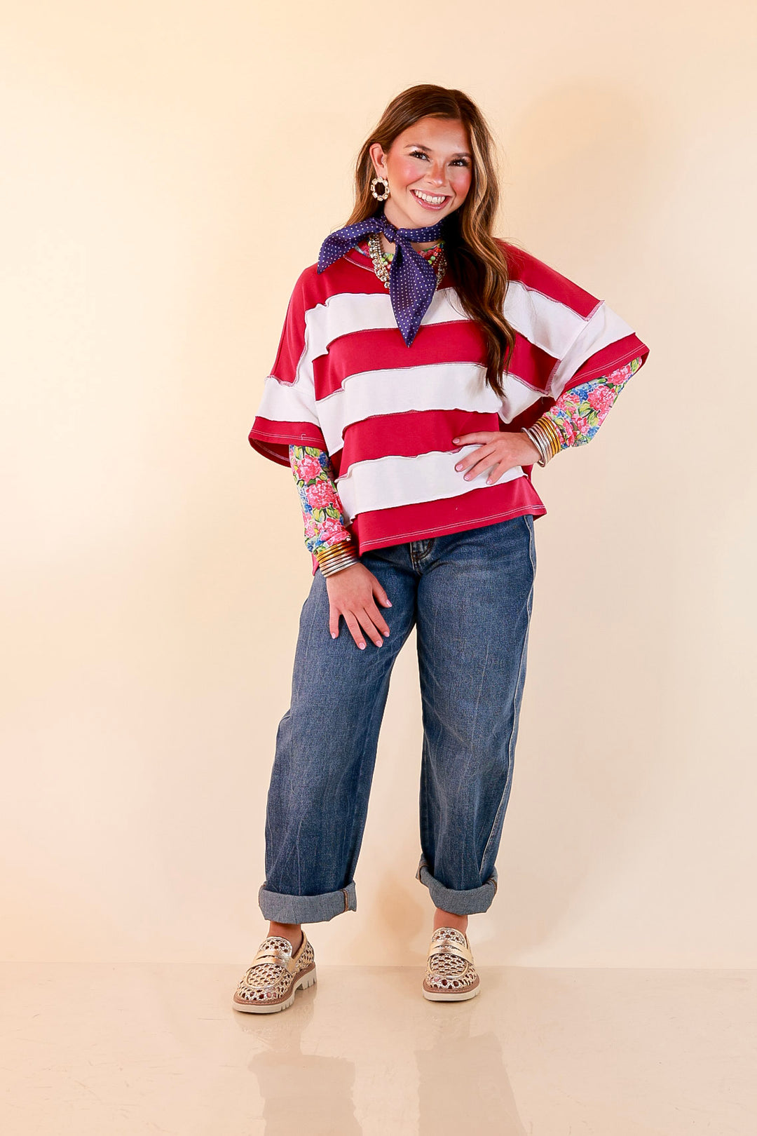 Simply Styled Color Block Rugby Style Relaxed Short Sleeve Top in Magenta Purple