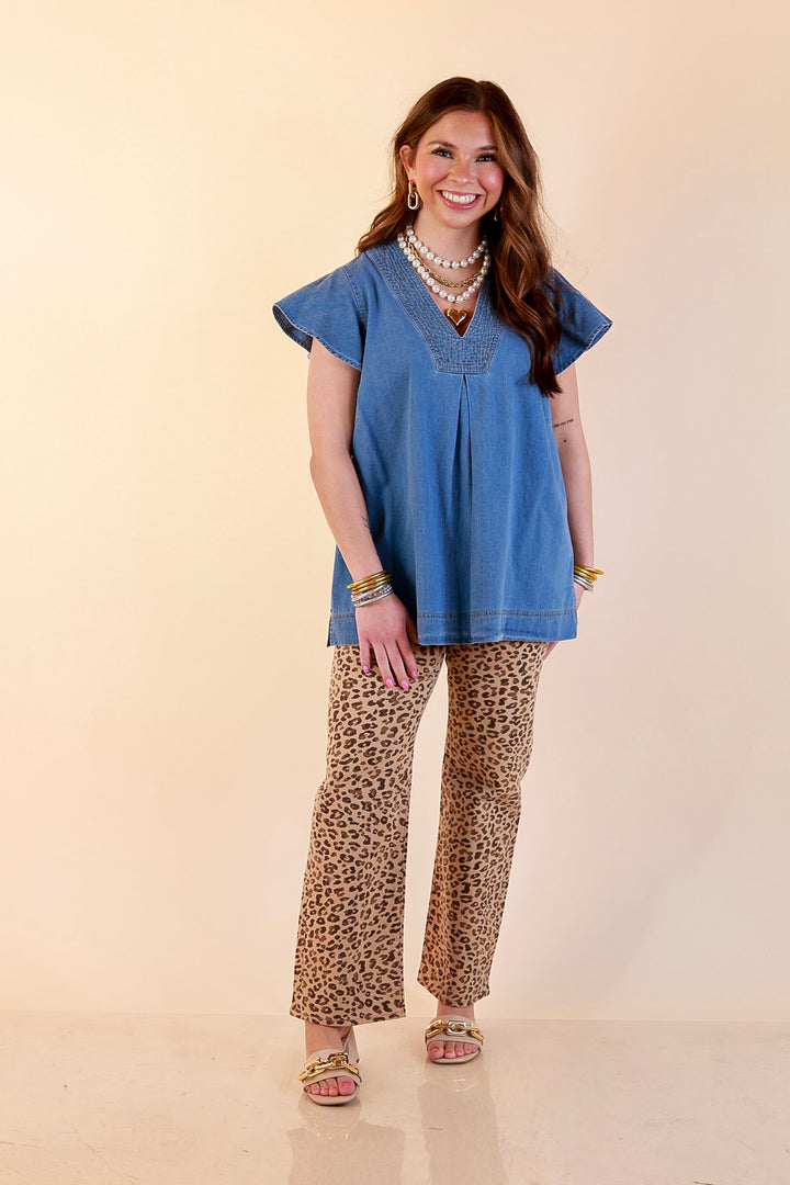 Clean and Collected V Neck Denim Top with Stitch Detail and Drop Shoulder Cap Sleeve in Medium Wash