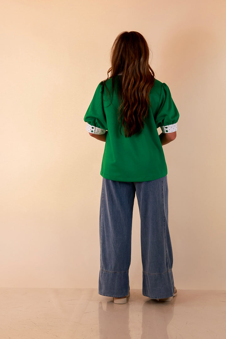 Confidently Yours Contrast Polka Dot Trim Puff Sleeve Top in Kelly Green
