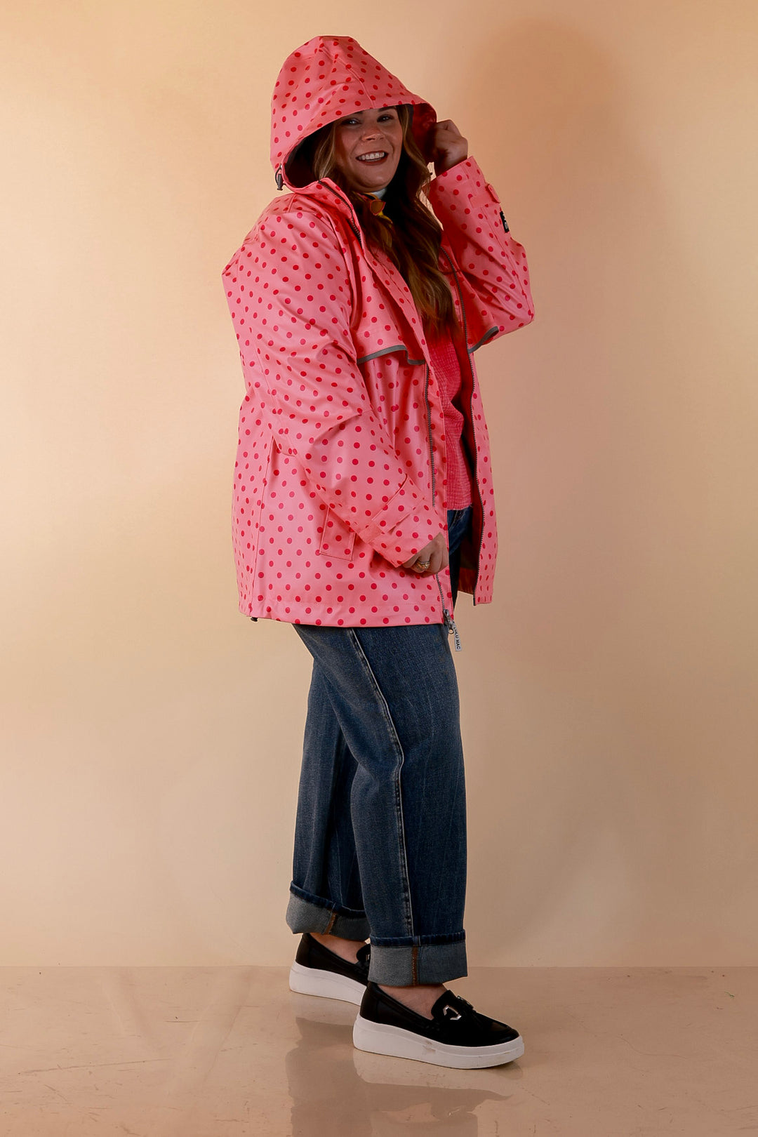 Lulu Mac | Chic Forecast Polka Dot Hooded Rain Jacket in Pink