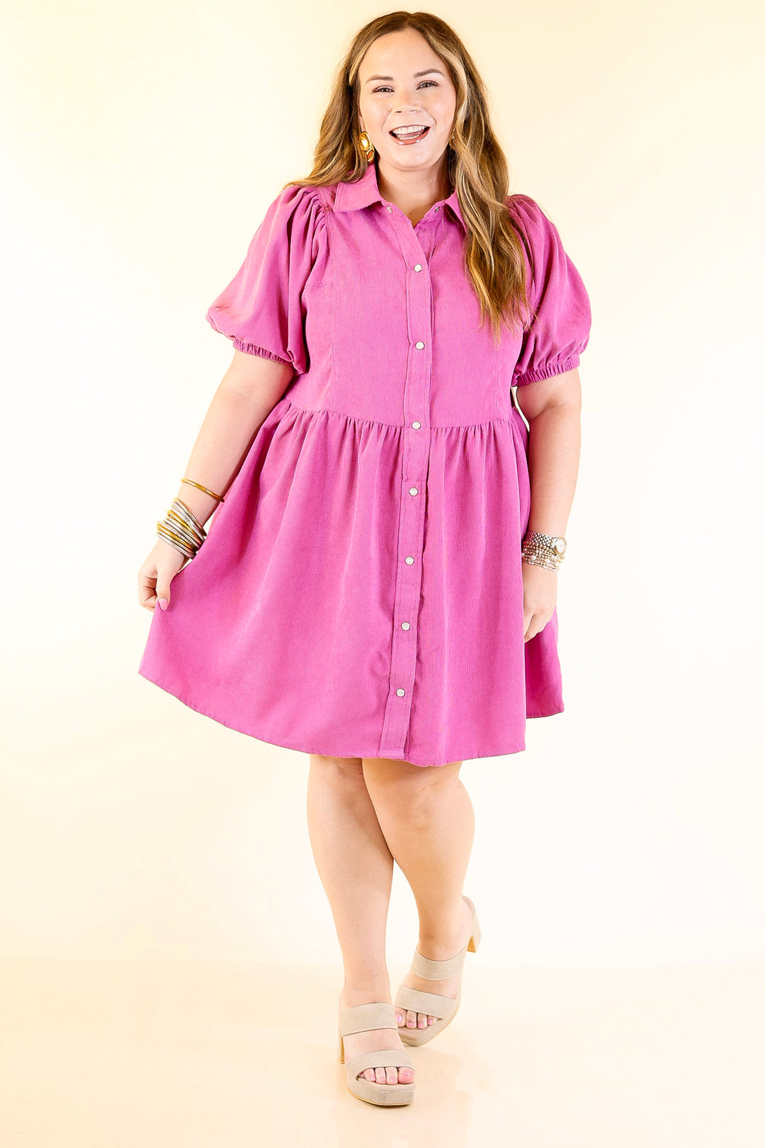 Adventures Ahead Button Up Corduroy Babydoll Dress in Magenta Pink Purple