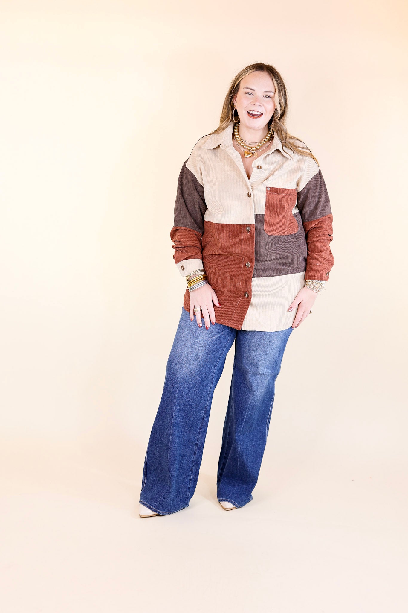 Casual Cuddles Color Block Corduroy Shacket in Brown Mix