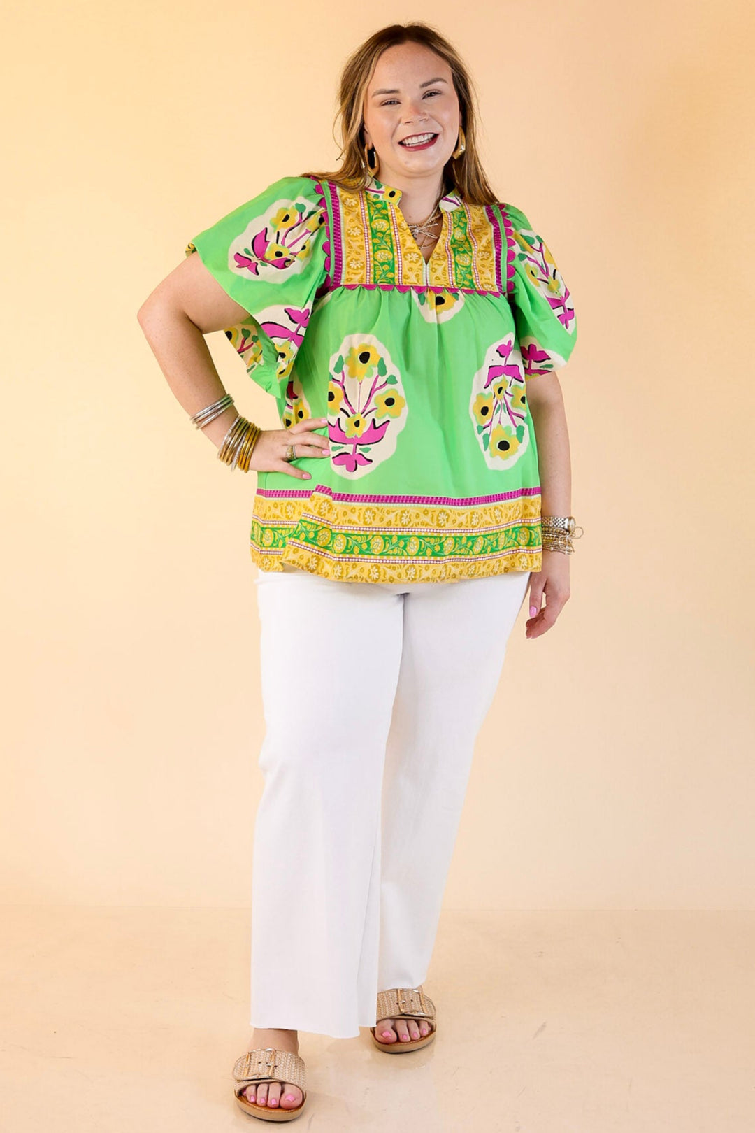 Floral Blush Short Sleeve Floral Shirt With Purple Rickrack in Green