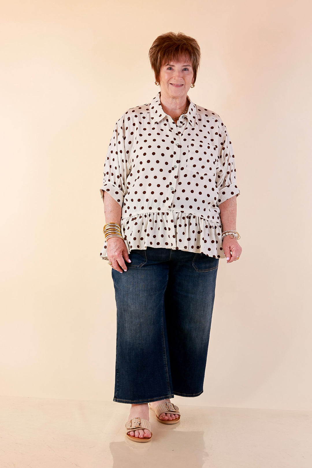 Style Agenda Button Down Peplum Top with Polka Dot Print in Cream and Chocolate Brown