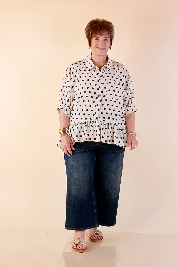 Style Agenda Button Down Peplum Top with Polka Dot Print in Cream and Chocolate Brown