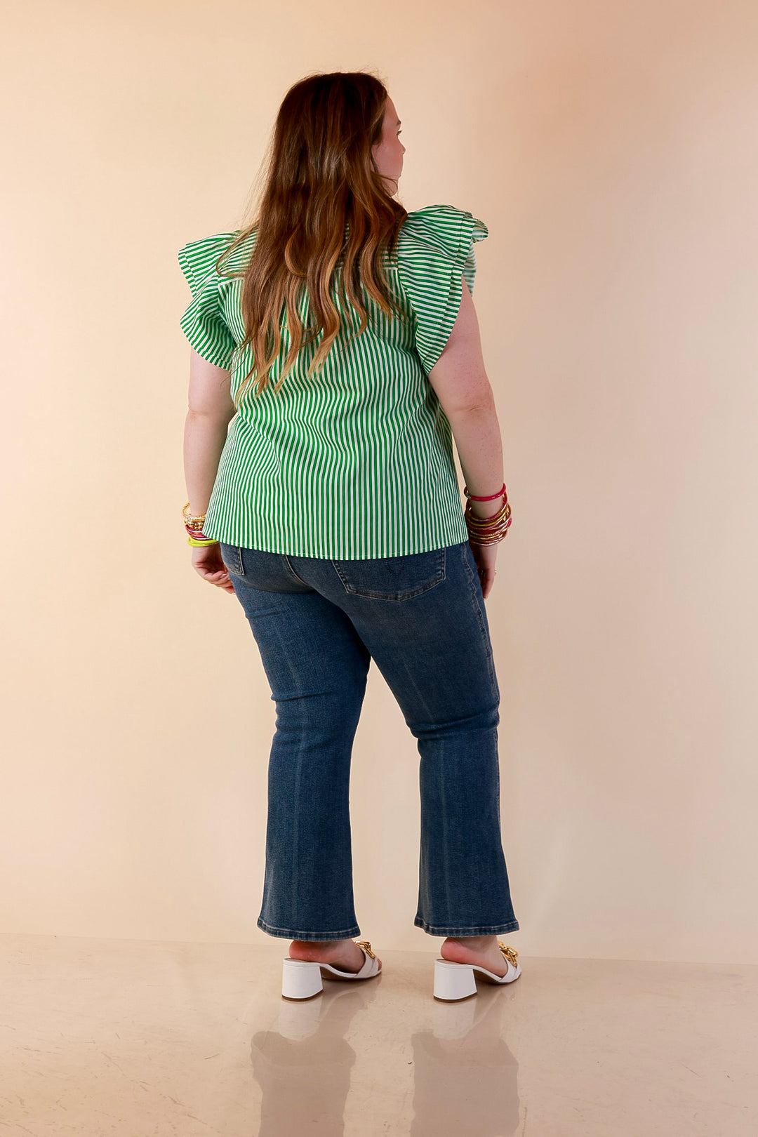 Polished Intentions Ruffle Short Sleeve Button Front Stripe Top in Green and White