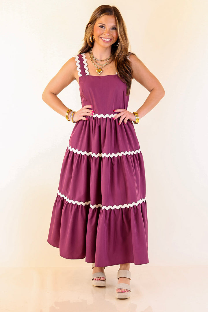 Timeless Twirl Midi Dress with Rickrack Detailing in Plum Maroon