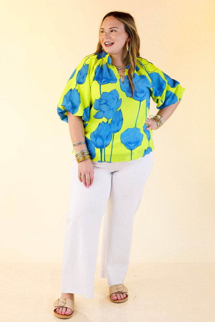 Puff & Petal V-Neck Blue Flower Print with Collar in Lime Green
