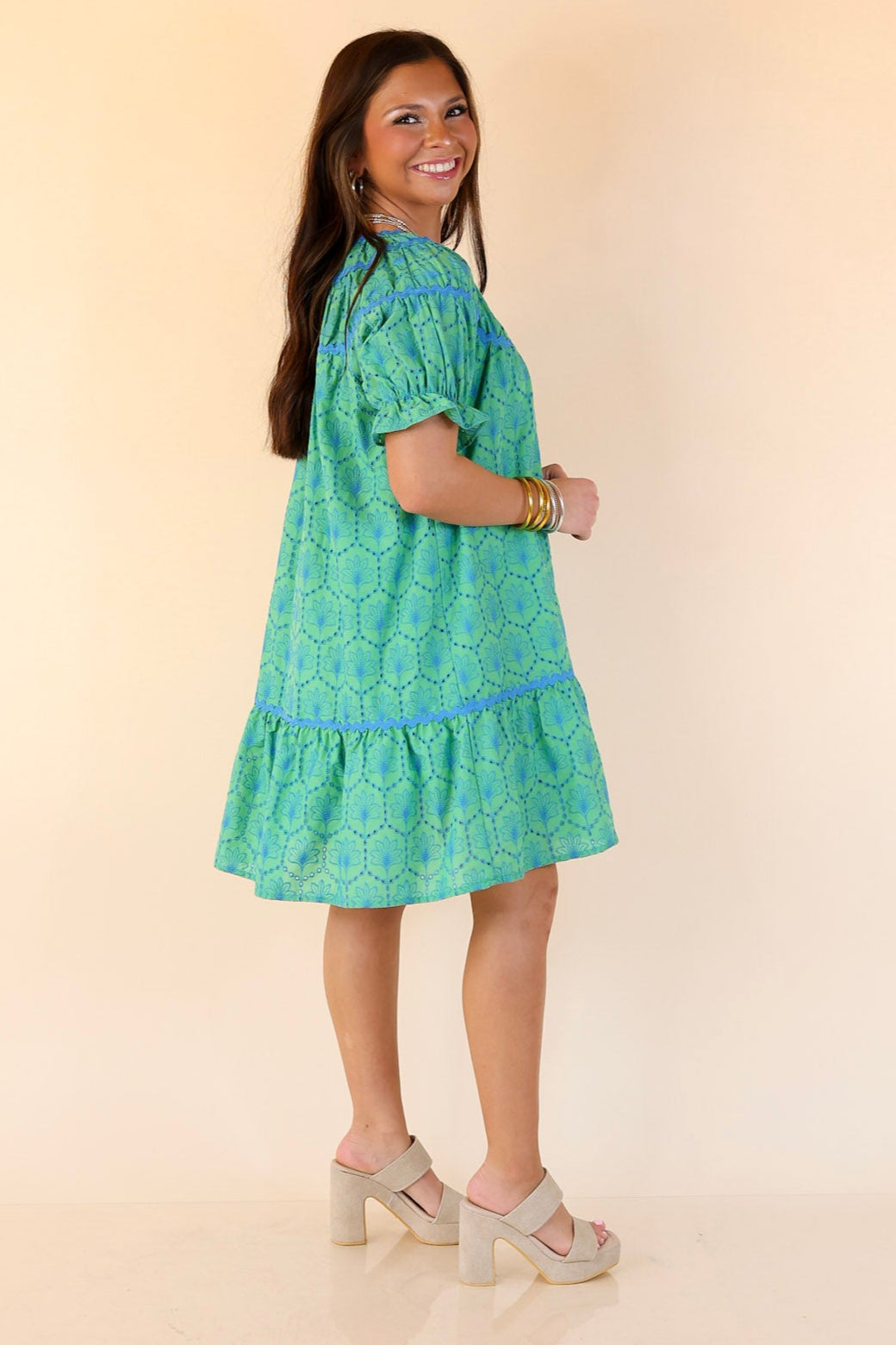 Sweet & Sassy Puff Sleeve Blue Embroidered Eyelet A-Line Dress in Green