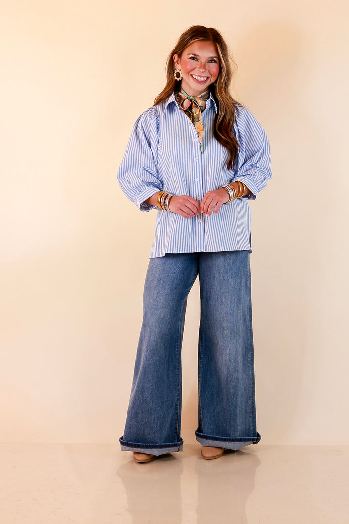 Crisp and Collected Stripe Button Front Collared Top with Puff Short Sleeves in Blue and White