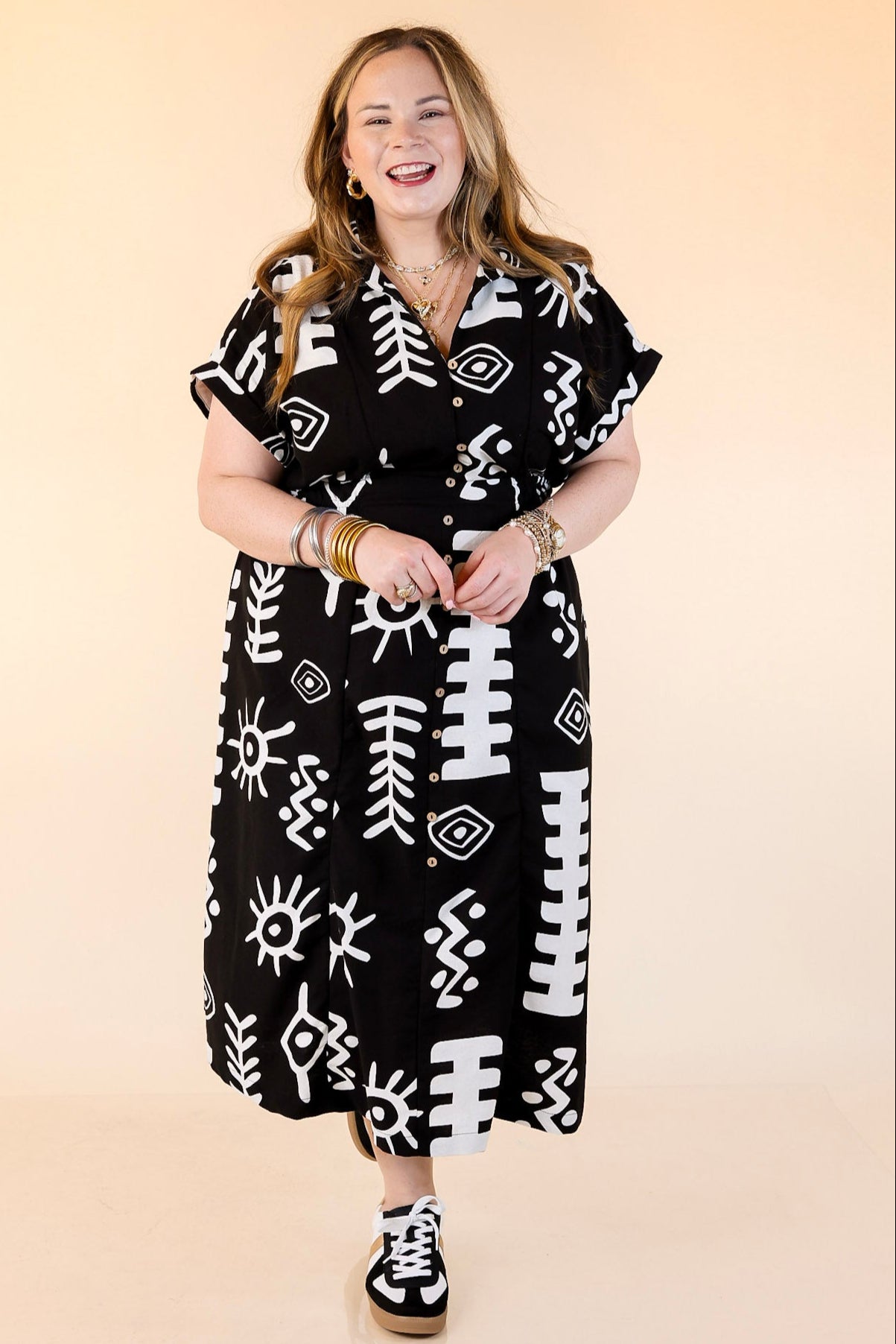 Black and White Abstract Button Down Midi Dress detail view