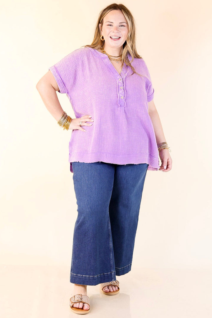 Simple Statement Quarter Button Up Short Drop Sleeve Shirt in Purple
