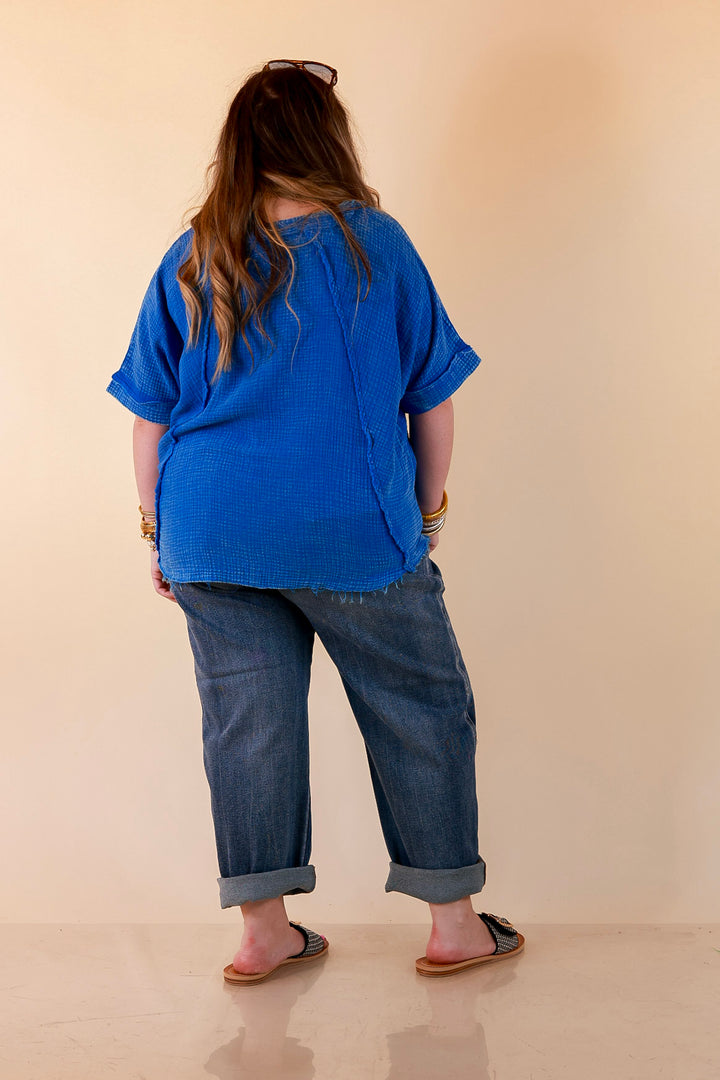 Everyday Ease Short Sleeve Linen Top with Raw Hem Edges in Ocean Blue