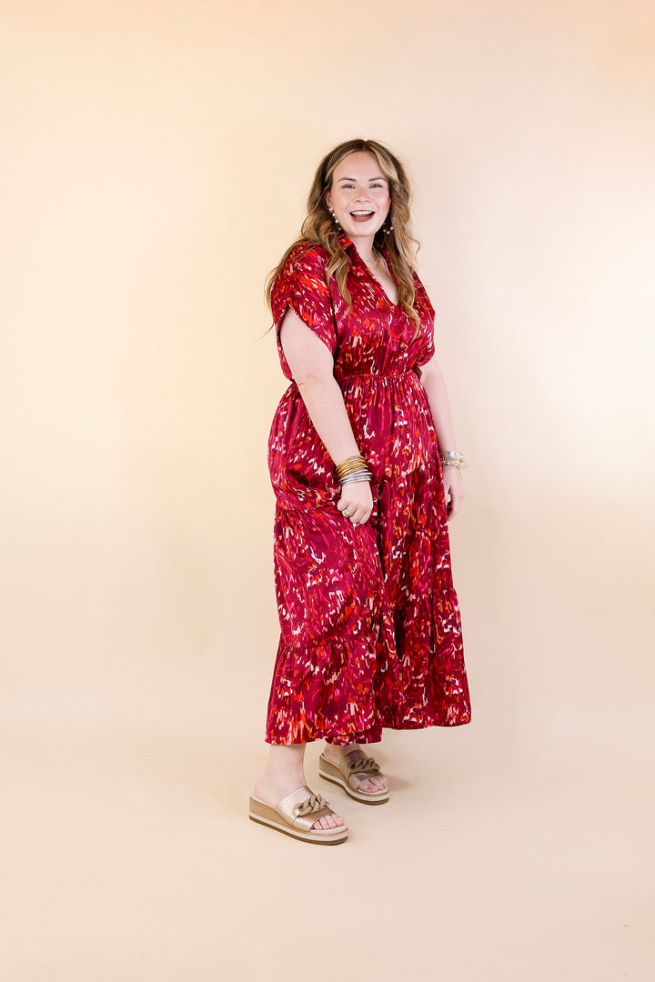 Burnin' Up Multicolor Abstract Midi Dress in Wine Red