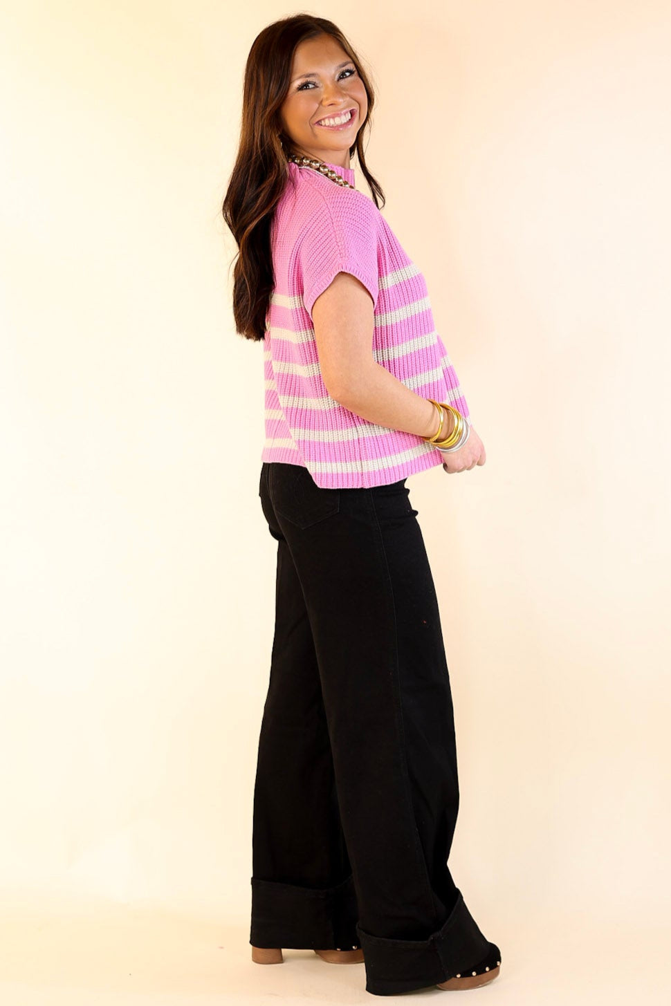 Repeat Worthy Striped Cap Sleeve Cropped Sweater with Front Pocket in Pink