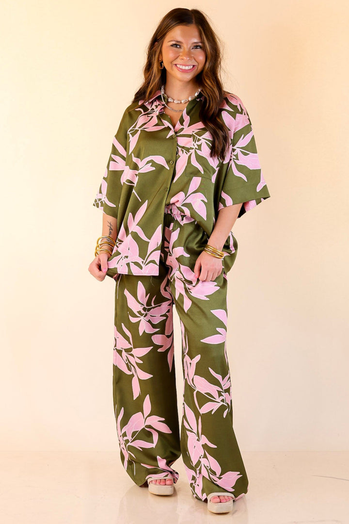 Calm and Collected Button Up Top with Pink Leaves in Olive Green