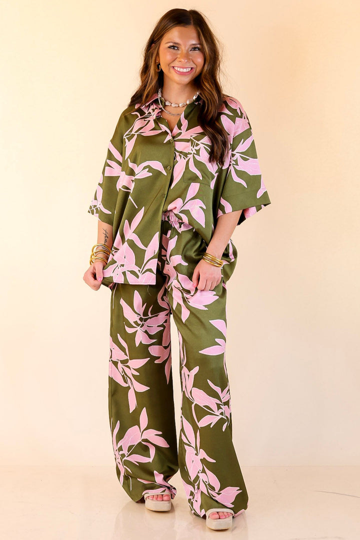 Calm and Collected Drawstring Bottoms with Pink Leaves in Olive Green