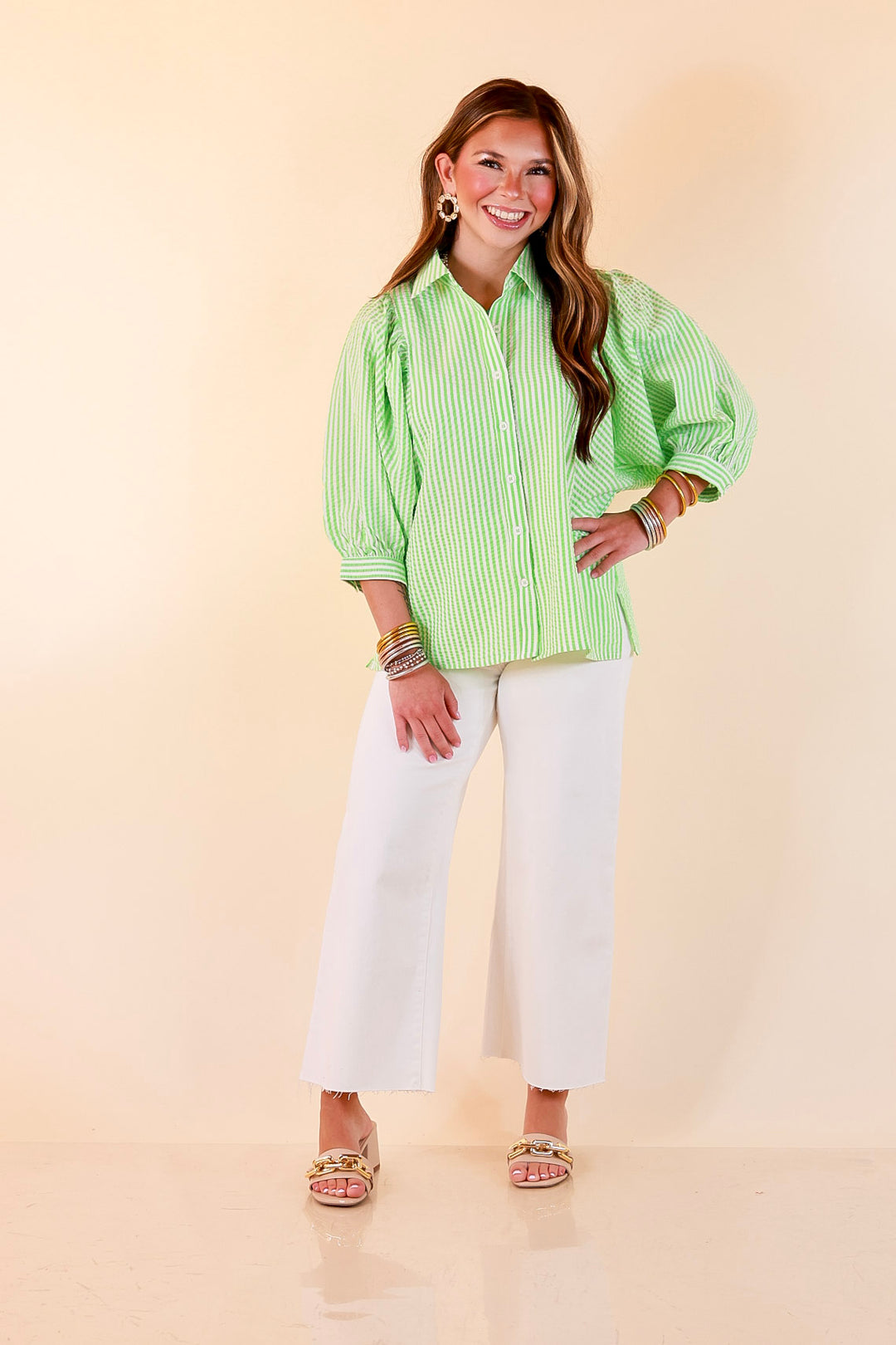 Crisp and Collected Stripe Button Front Collared Top with Puff Short Sleeves in Lime Green and White