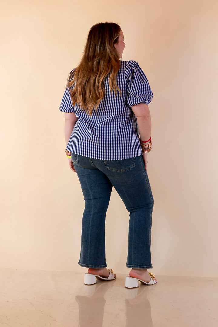 Polished &amp; Playful Short Puff Sleeve Gingham Top with Contrast Lime Green Trim in Royal Blue and White