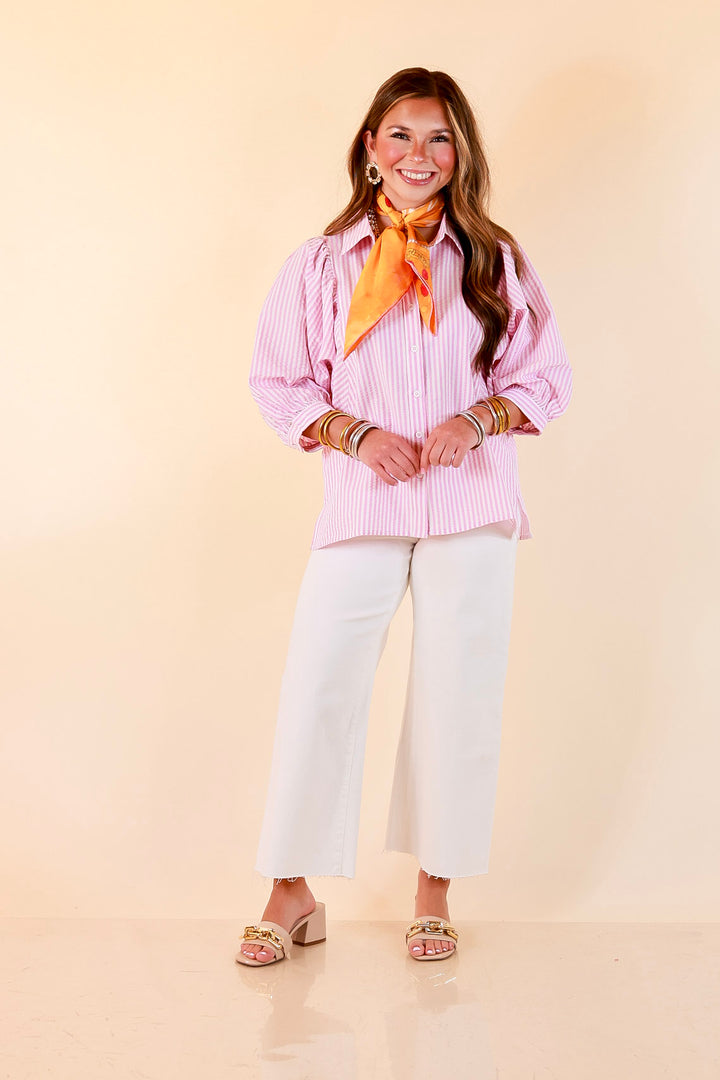 Crisp and Collected Stripe Button Front Collared Top with Puff Short Sleeves in Pink and White