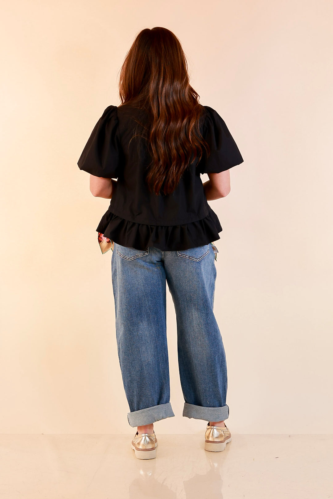 Present Company Solid Button Down Peplum Bubble Sleeve Tie Collar Top in Black