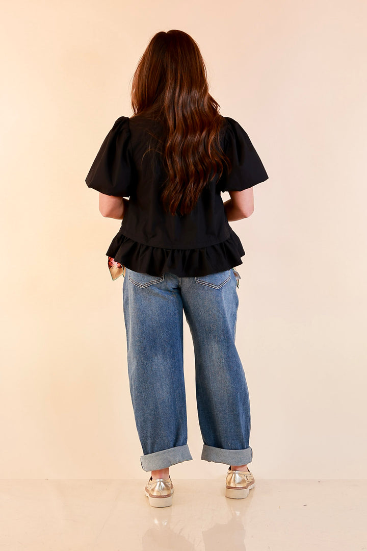 Present Company Solid Button Down Peplum Bubble Sleeve Tie Collar Top in Black