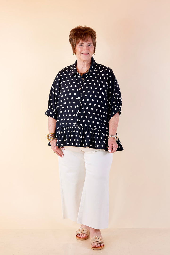 Style Agenda Button Down Peplum Top with Polka Dot Print in Navy Blue with Cream Dots