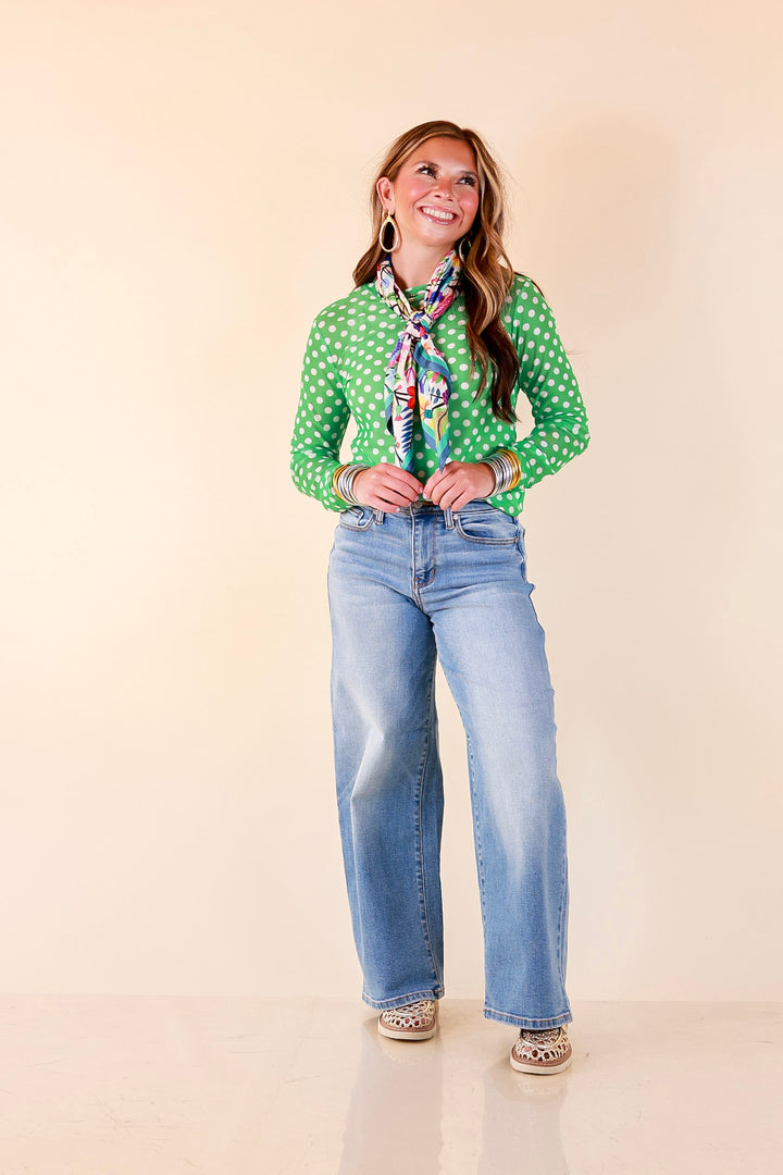 The Essential Layer Polka Dot Print Sheer Mesh Long Sleeve Top in Kelly Green