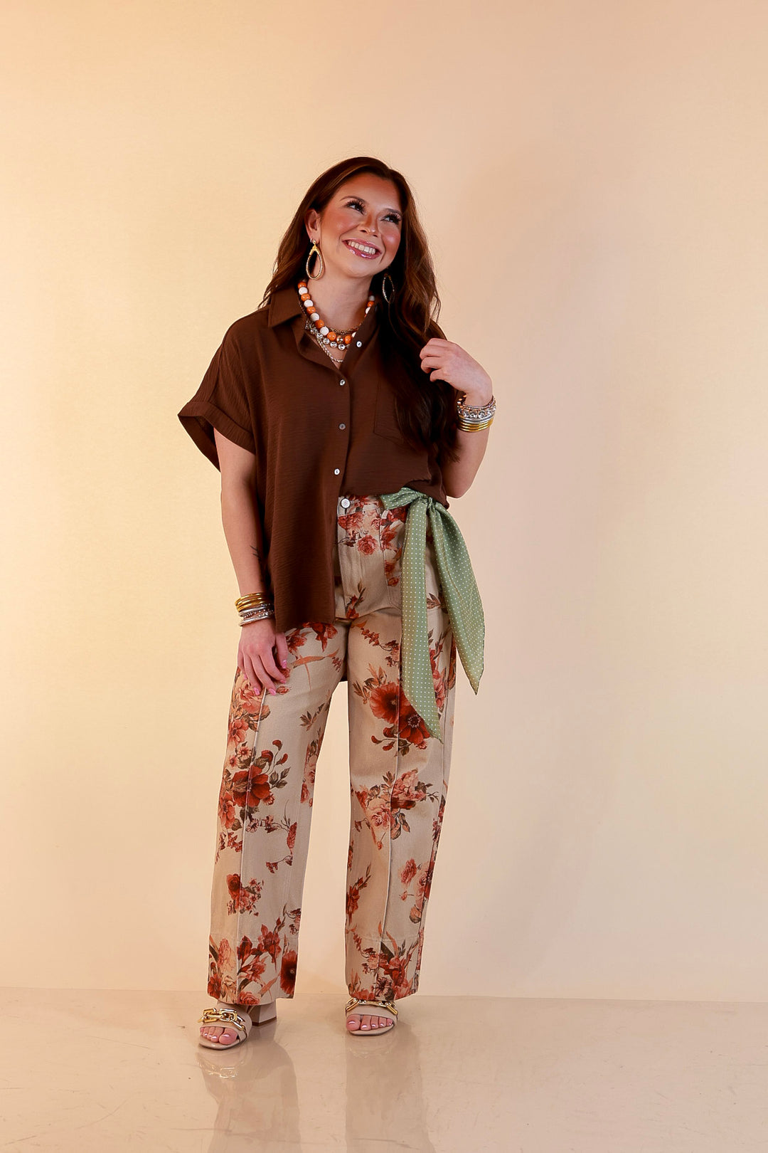 Timeless Appeal Woven Airflow Button Front Top with Rolled Cuff Short Sleeves and Front Pocket in Chocolate Brown