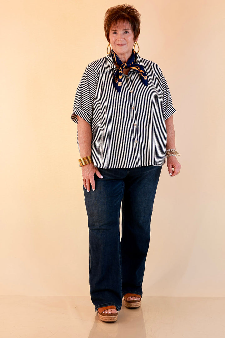 Perfectly Aligned Button Down Collared Top with Vertical Ivory Stripe Detail in Navy Blue