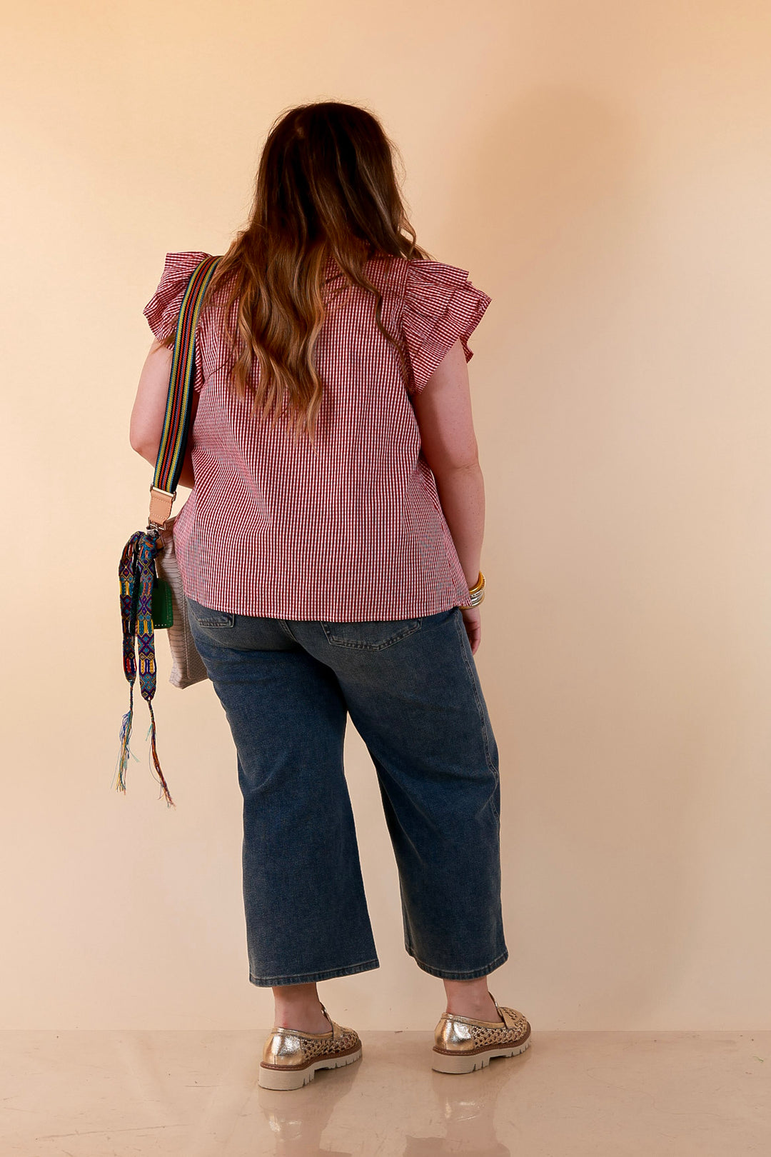 Front Porch Favorite Ruffle Sleeve Button Front Gingham Blouse with Scallop Trim in Dark Crimson Red
