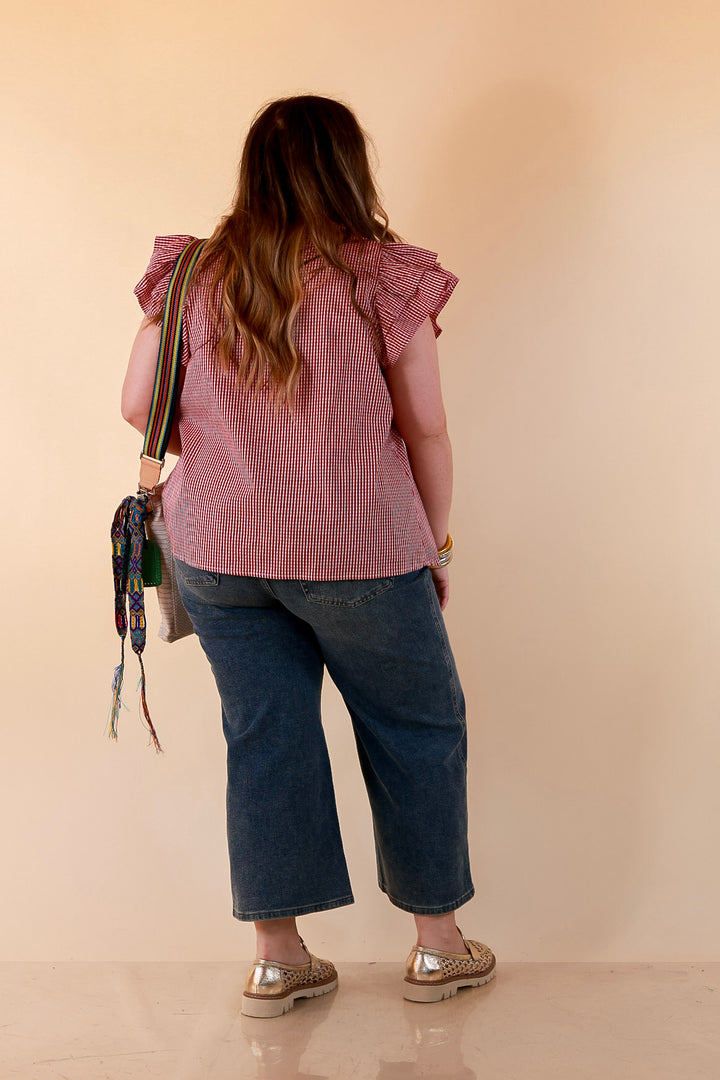 Front Porch Favorite Ruffle Sleeve Button Front Gingham Blouse with Scallop Trim in Dark Crimson Red