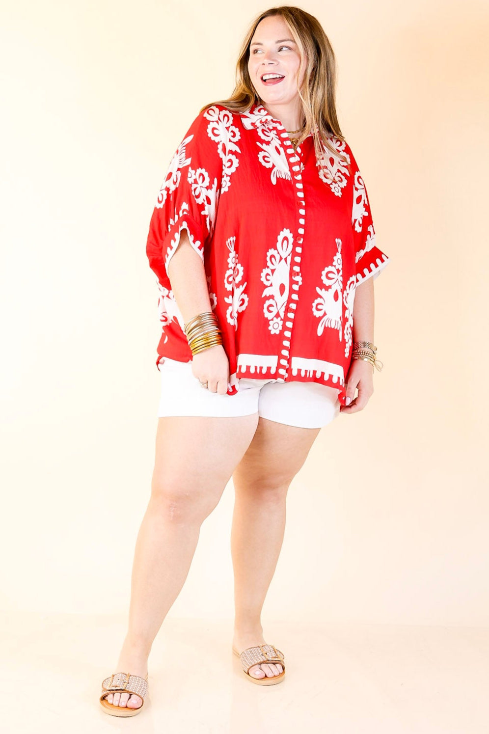 Classic Perfection Damask Print Button Up Collared Blouse in Red