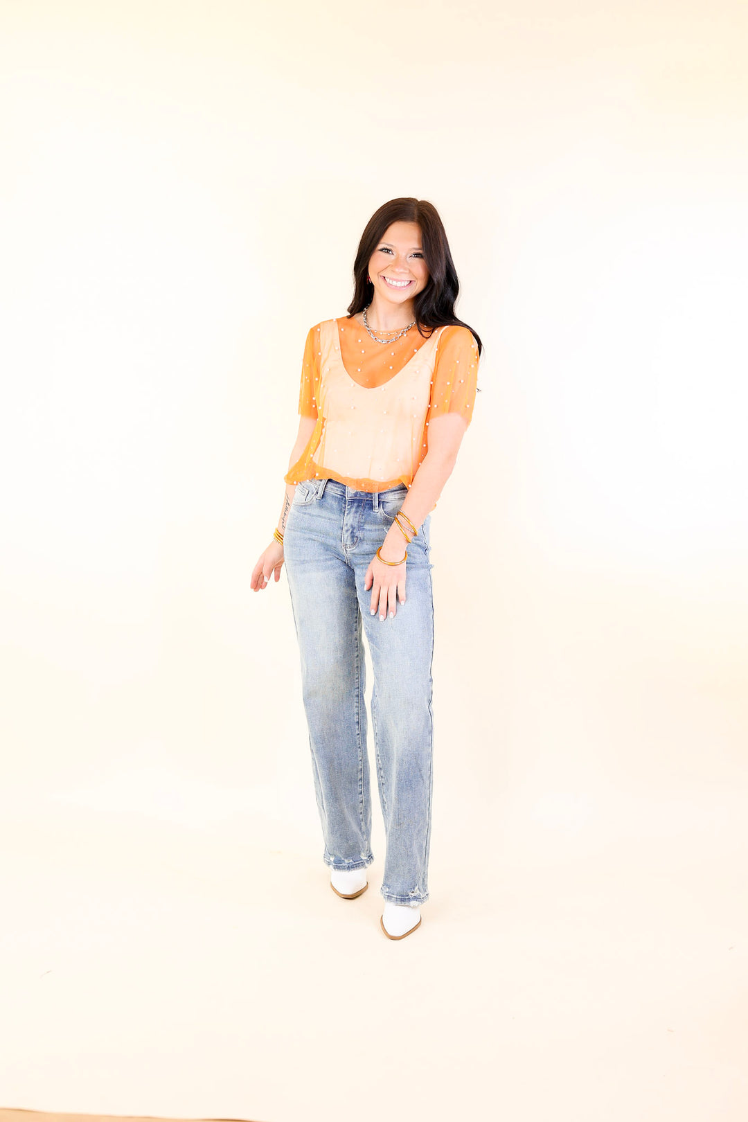 Shimmer in Style Mesh Short Sleeve Top with Pearls and Rhinestones in Orange