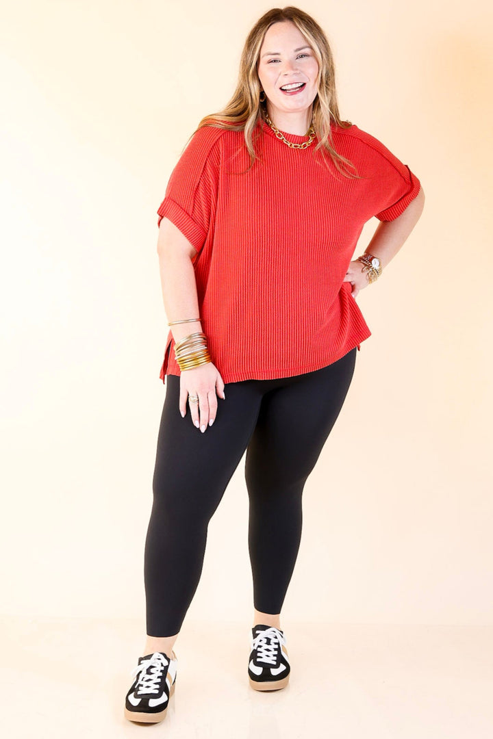 Daily Perfection Scoop Neck Short Sleeve Ribbed Top in Red