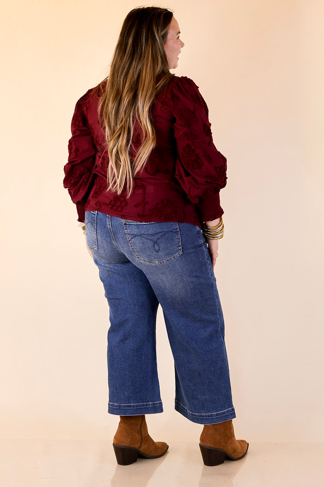 Timeless Romance Ruffled V Neck Floral Applique Embroidered Top in Maroon