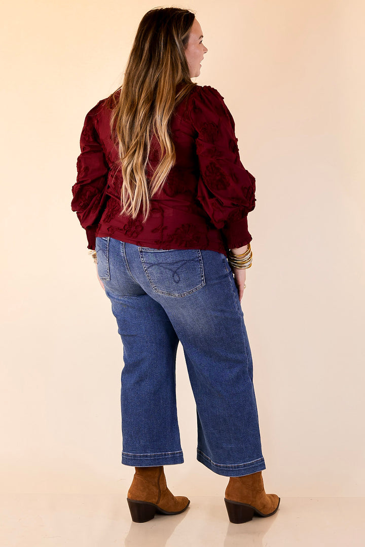 Timeless Romance Ruffled V Neck Floral Applique Embroidered Top in Maroon