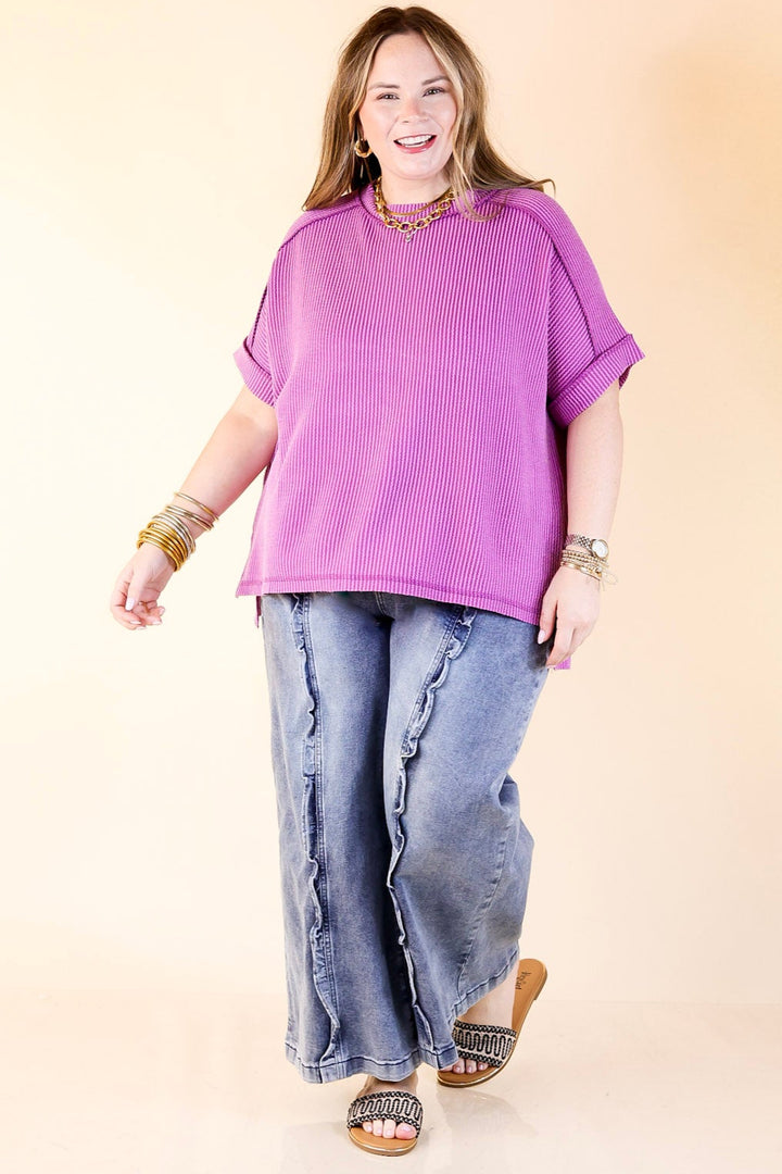 Daily Perfection Scoop Neck Short Sleeve Ribbed Top in Purple