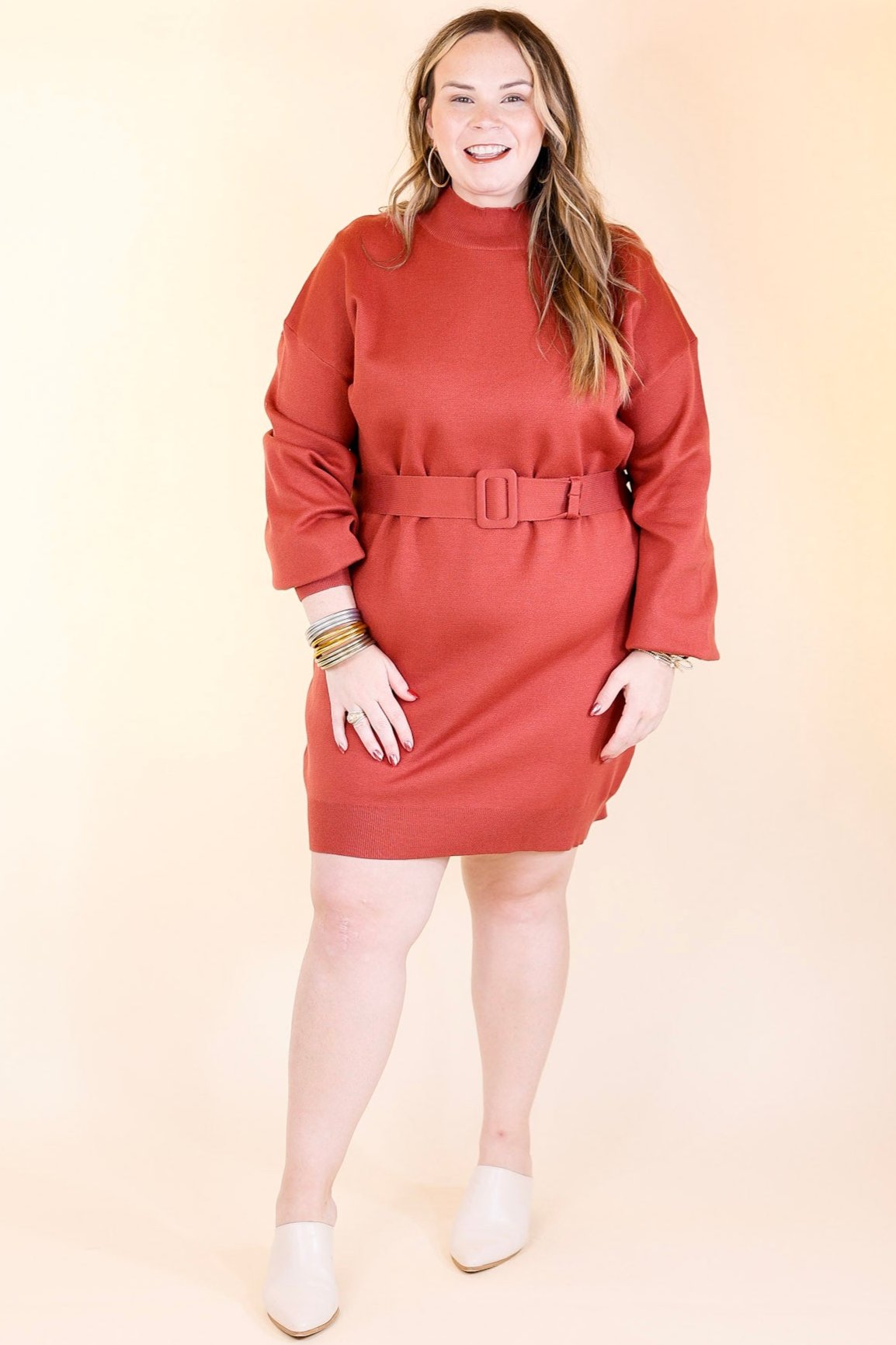 Luxurious Life Sweater Dress with Belt in Rust Red