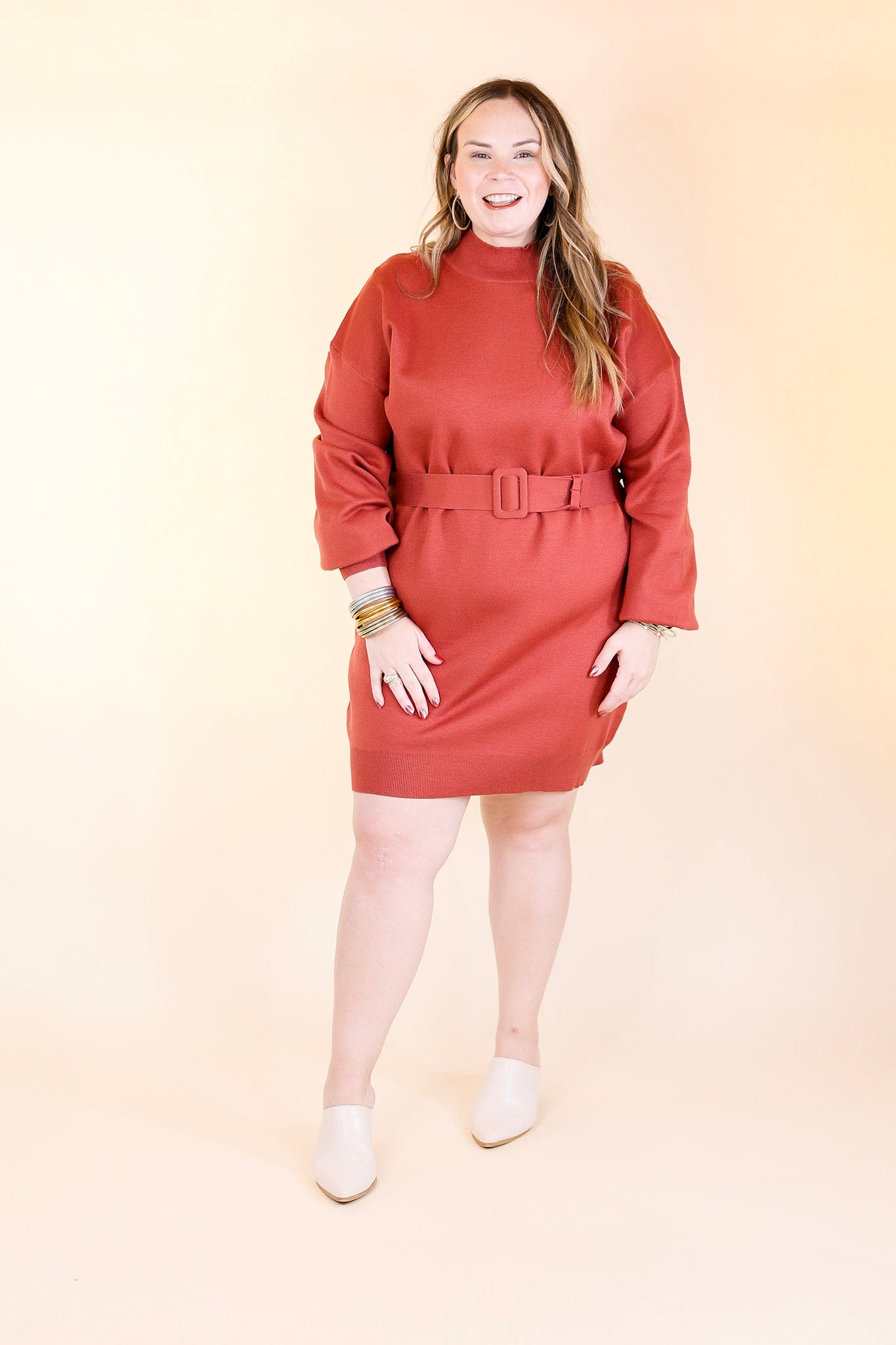 Luxurious Life Sweater Dress with Belt in Rust Red