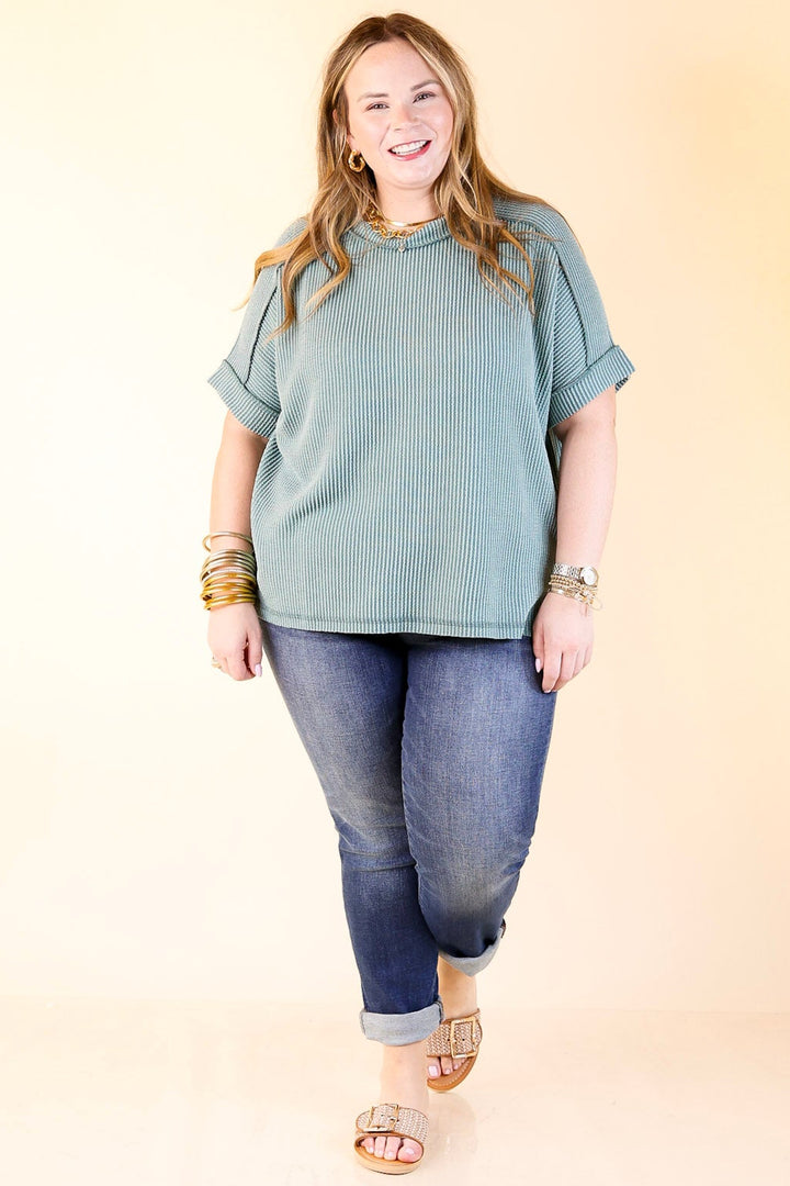 Daily Perfection Scoop Neck Short Sleeve Ribbed Top in Jade Green