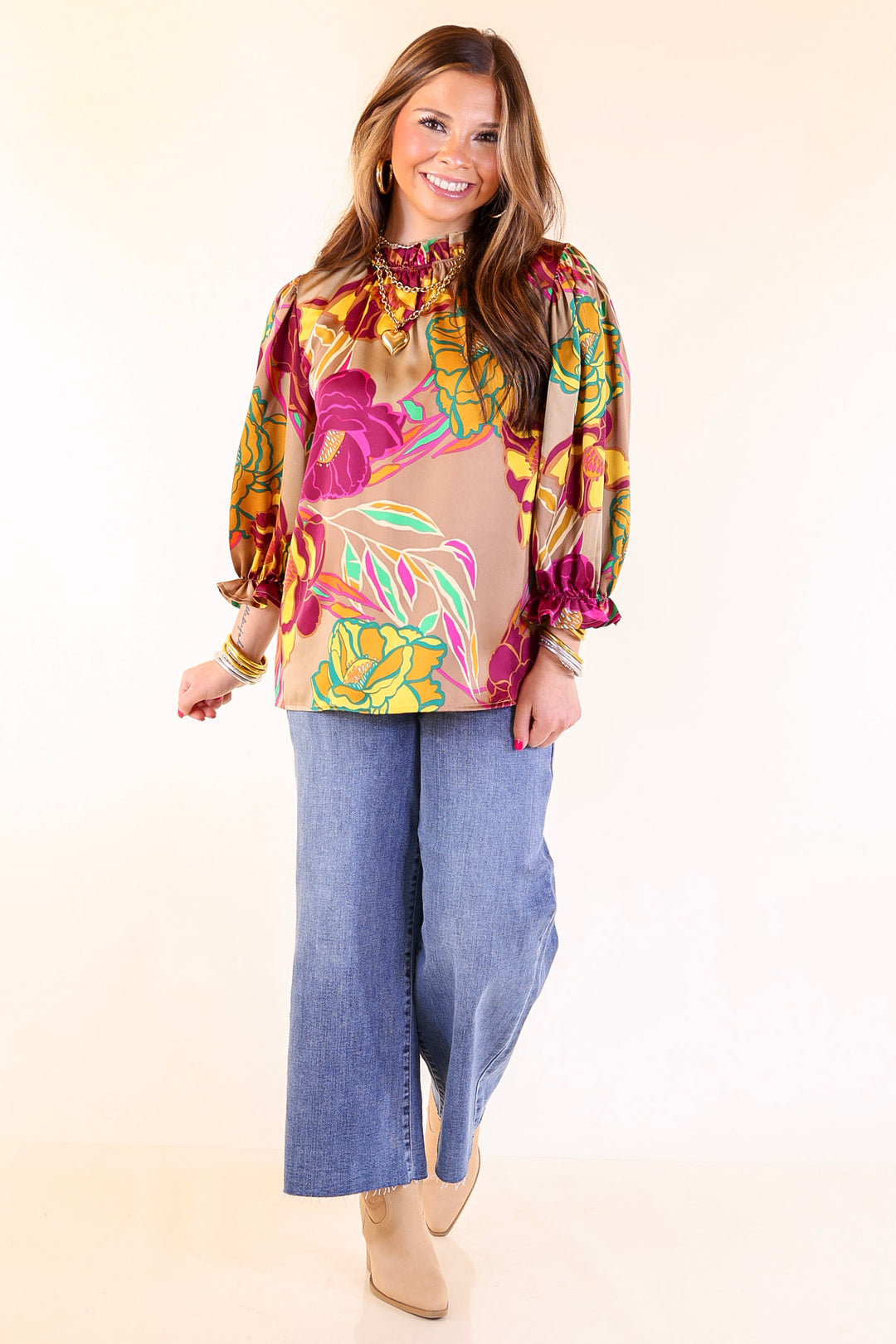 Follow Your Floral Long Sleeve Ruffle Mock Neck Top in Mocha